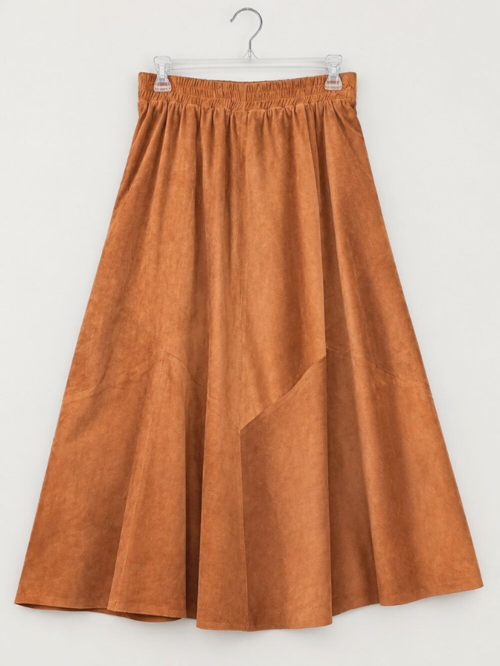 Vintage Laurice Full Skirt S 100% Suede Leather Cognac Brown Pull On Lined Midi